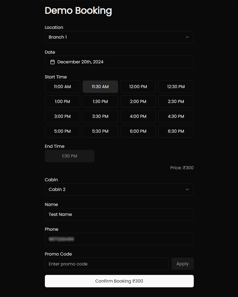 Reservation page interface