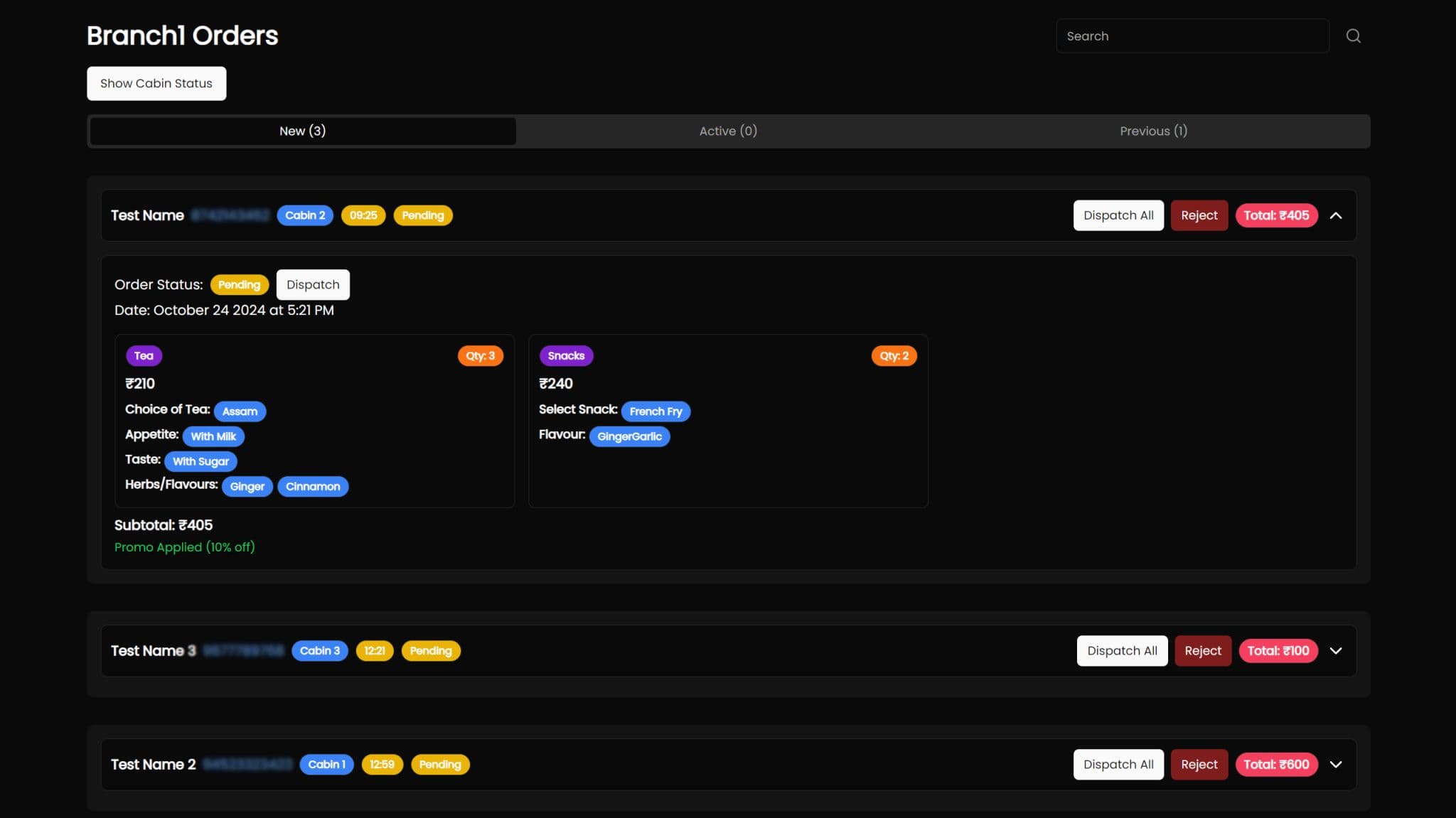 Order panel interface