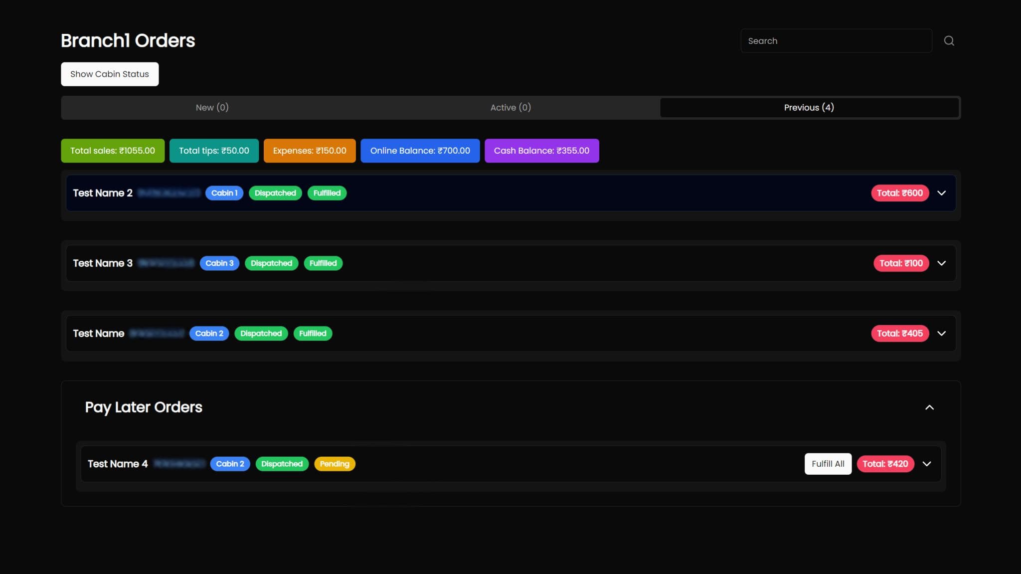 Order panel interface